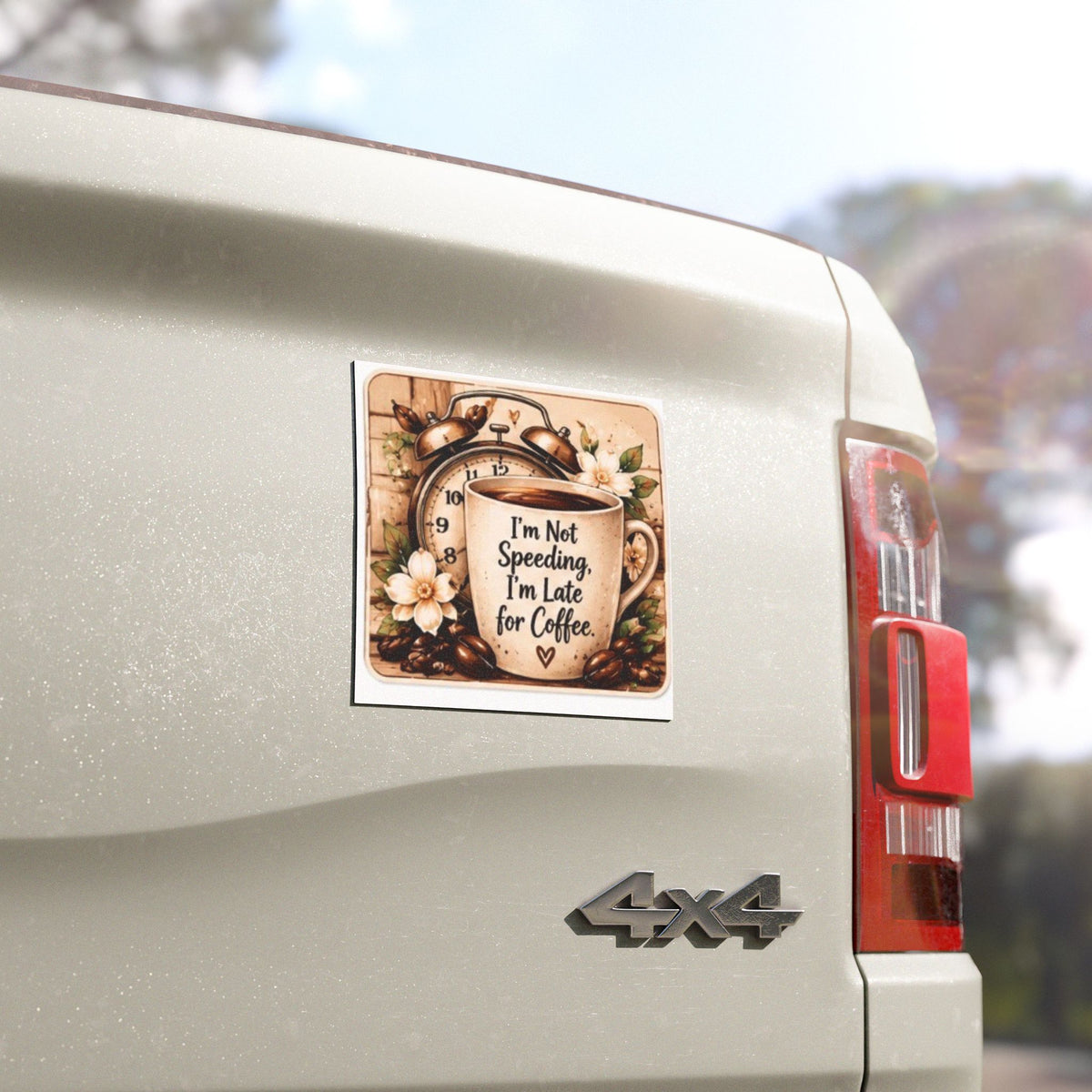 Car Magnet — “I’m Not Speeding, I’m Late for Coffee” Vintage Coffee Cup Design