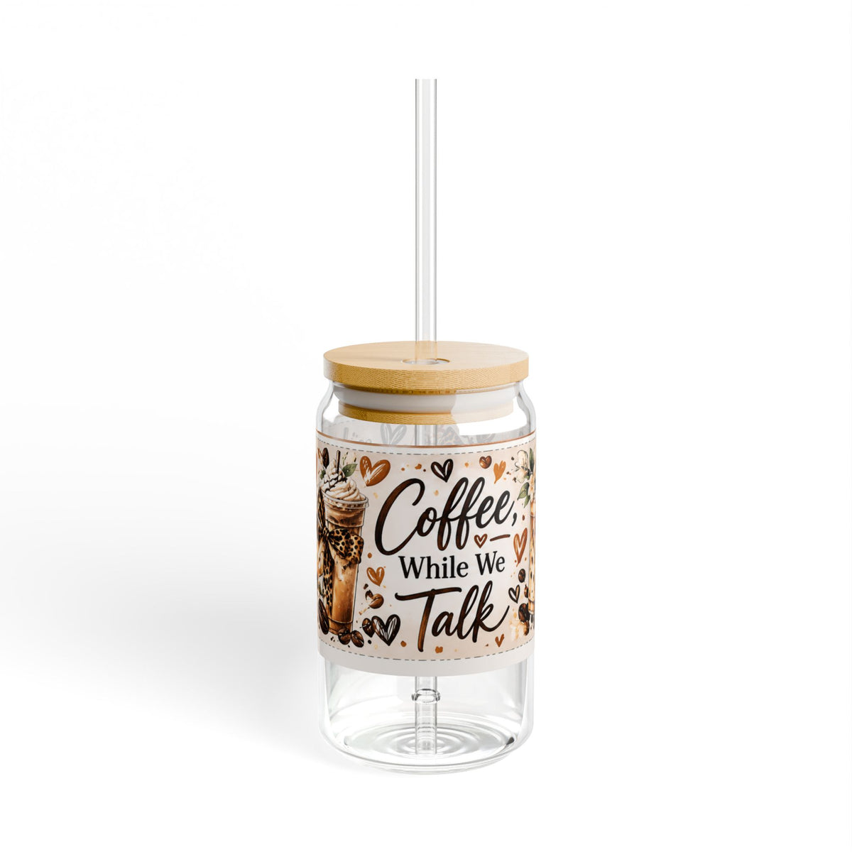 Coffee While We Talk 16oz Sipper Glass – Bamboo Lid Reusable Tumbler
