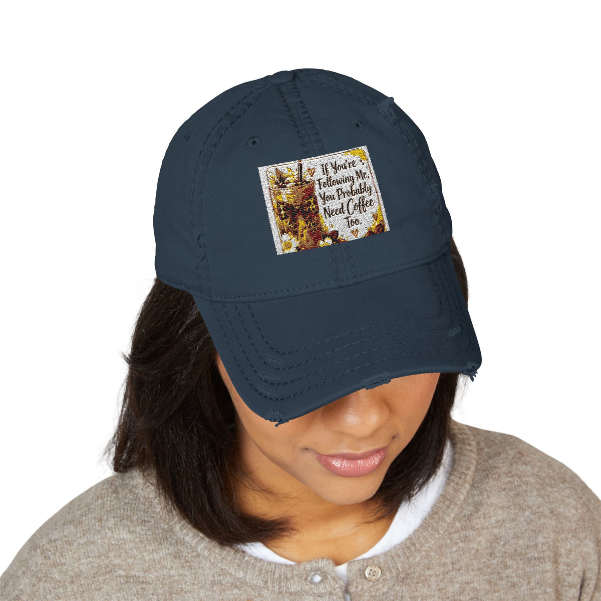 Embroidered Distressed Dad Hat — Rustic Floral Patch Design