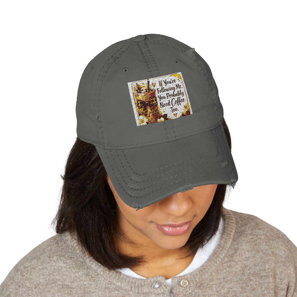 Embroidered Distressed Dad Hat — Rustic Floral Patch Design